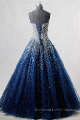 Sparkly Strapless Blue Semi Formal Prom Dresses, Strapless Blue Long Formal Evening Dresses